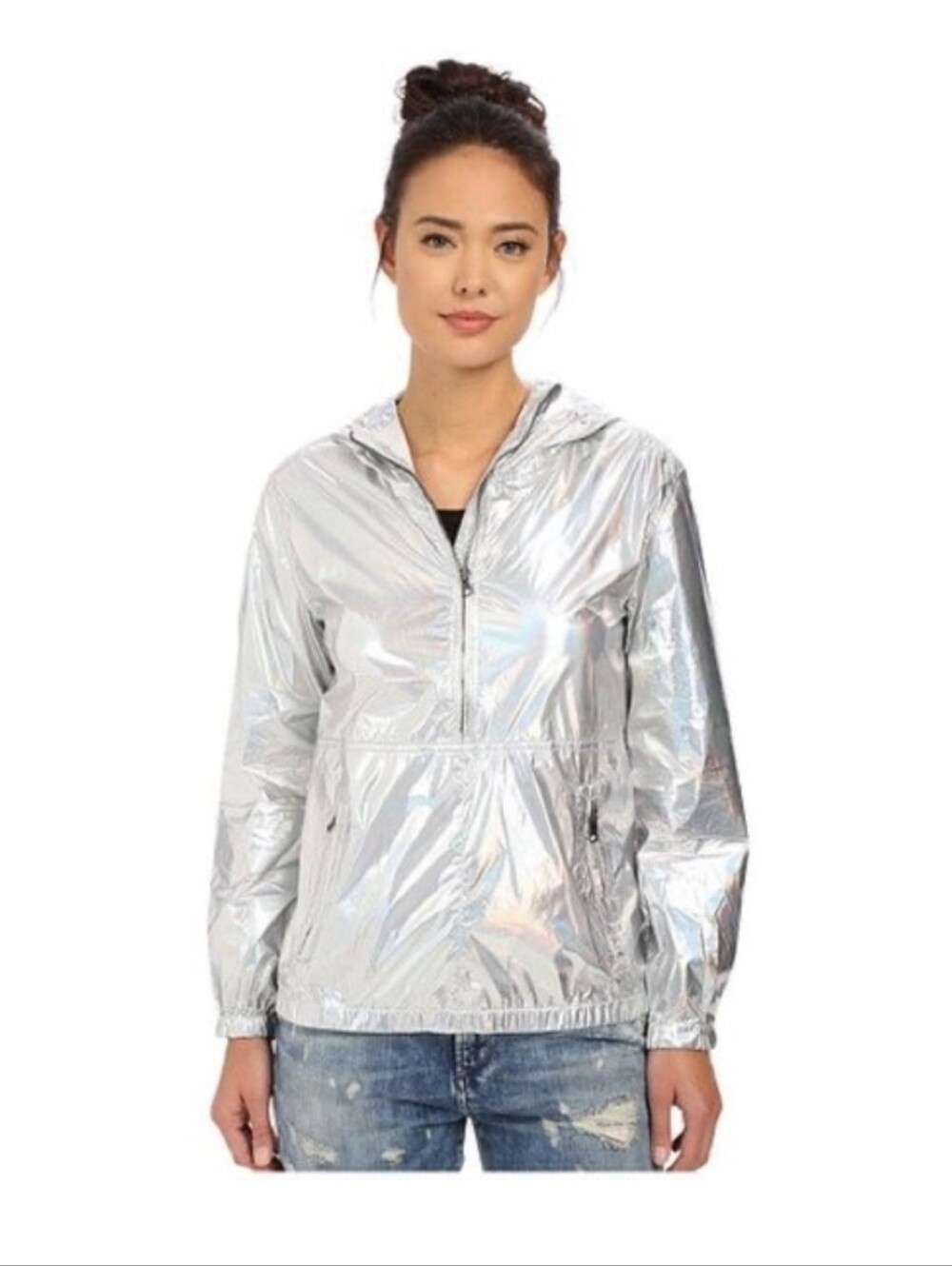 🌿🍒 Converse Silver Metallic Hooded Windbreaker Jacket Size Large 🍒🌿